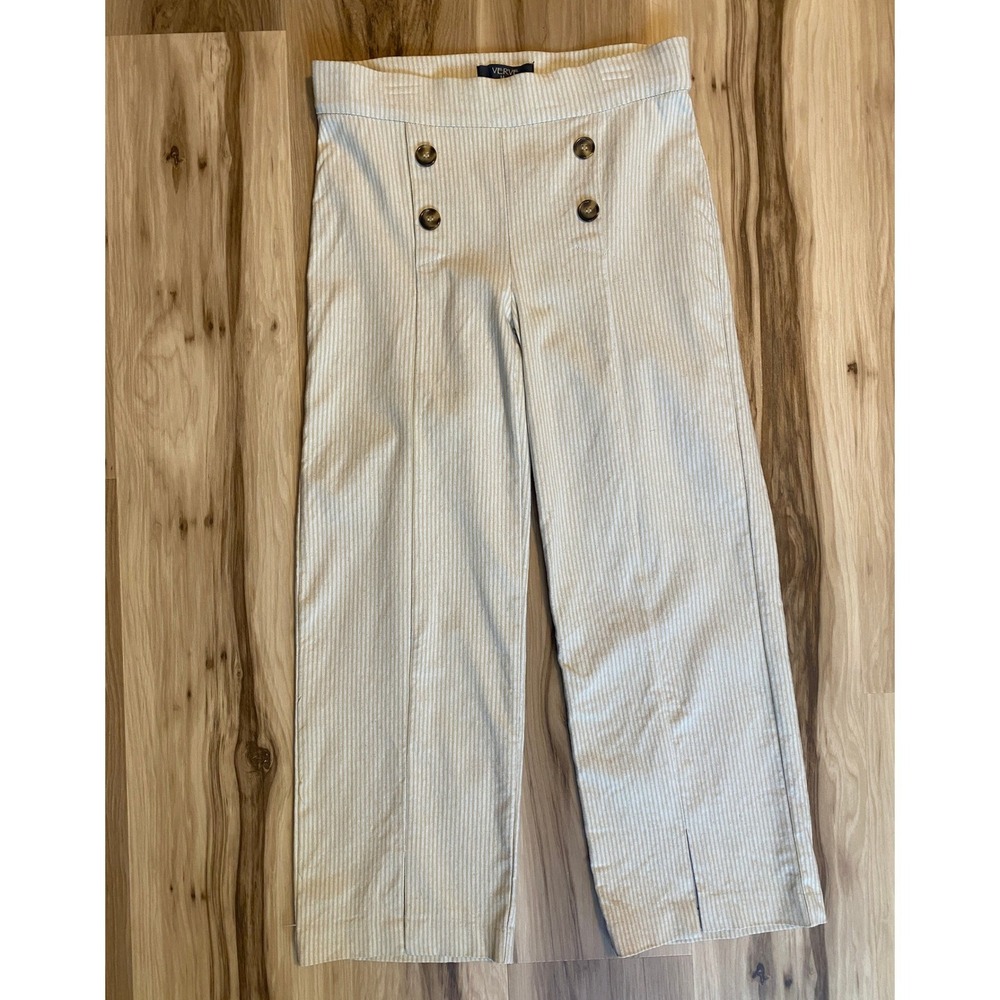 Verve Blues Tan White Striped Sailor Pants Wide Leg Linen Blend Size Small